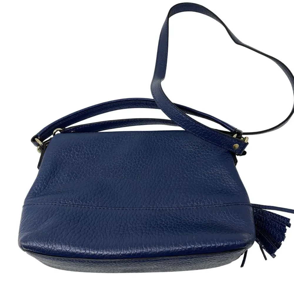 Kate Spade Cabble Hill Tassel Flap Crossbody Bag Navy Blue Pebbled Leather